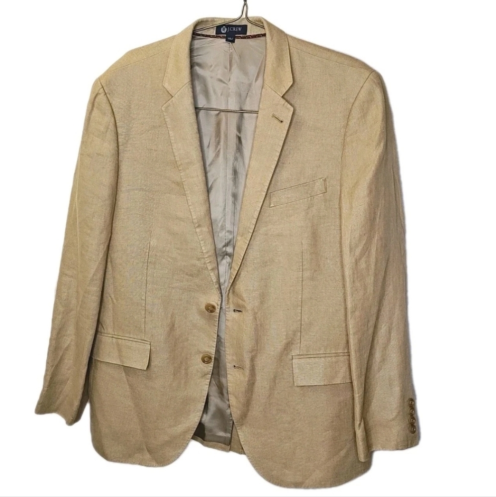J Crew Linen Ludlow Blazer Jacket Men Sz 44 Woven Tan Preppy Old Money Nautical